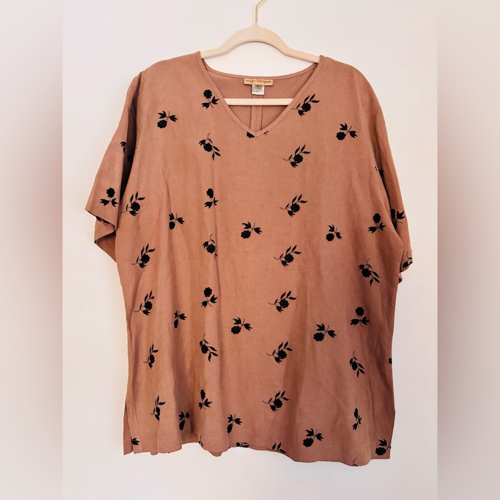 Patrick Christopher Beige Linen Floral Embroidered V-Neck Blouse Short Sleeve XL